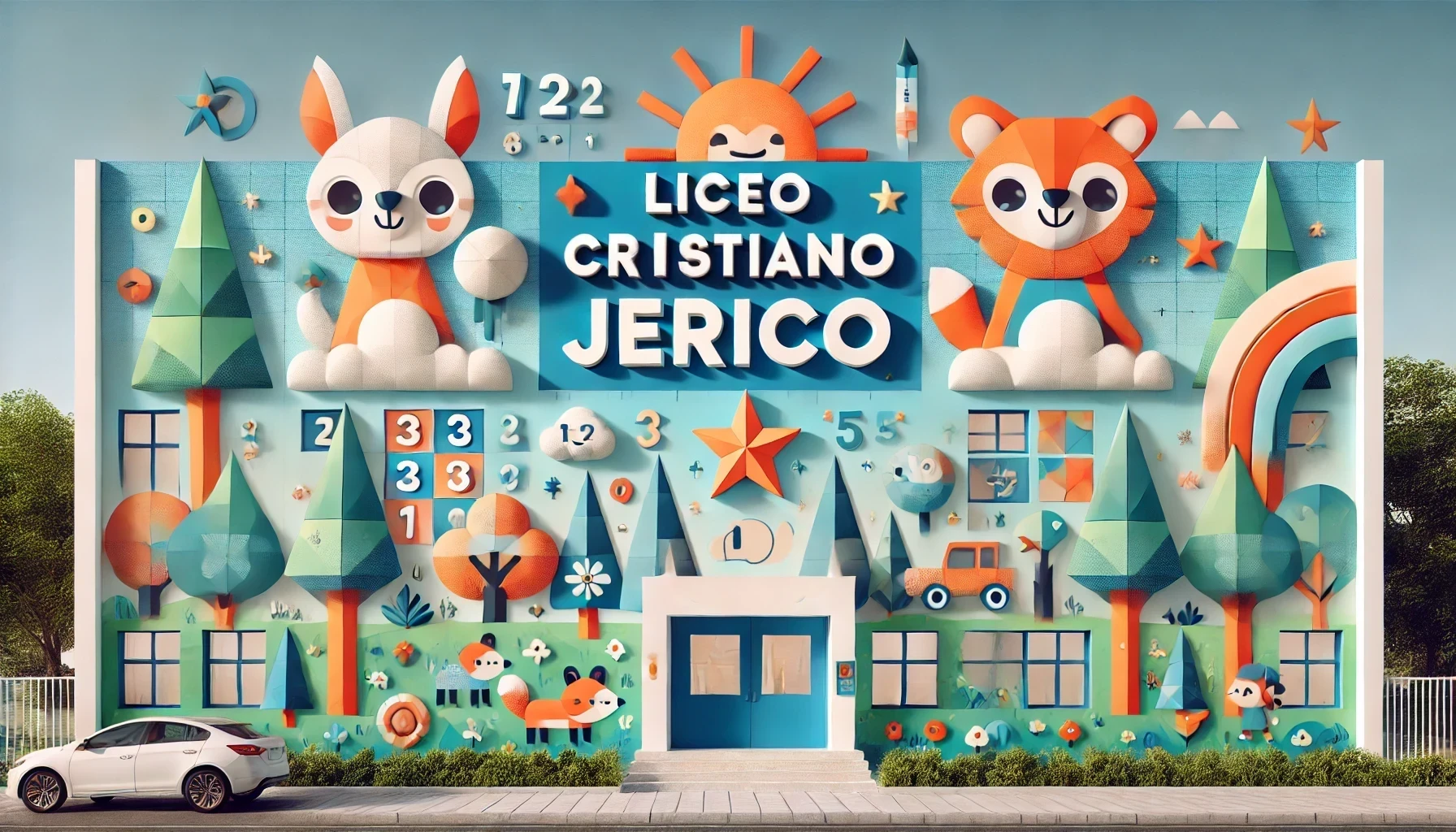 DALL·E 2025 02 05 00.13.38 A modern and playful school facade design for children now without any text. The design features bright and vibrant colors large cartoon style illus