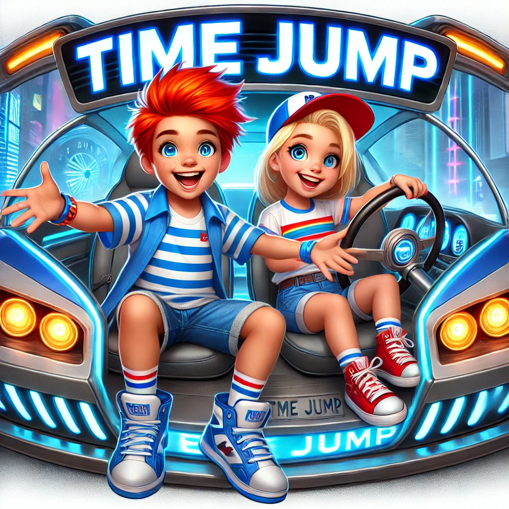 DALL·E 2025 03 19 11.59.26 A cheerful 7 year old boy named Manu and a cheerful 7 year old girl named Candy sitting inside a futuristic time traveling car with glowing blue light