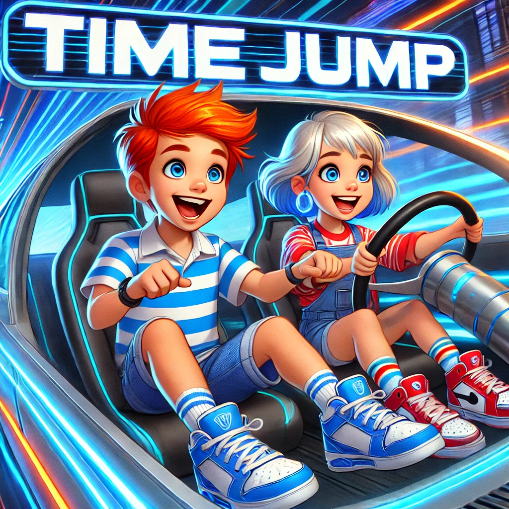 DALL·E 2025 03 19 12.01.39 A cheerful 7 year old boy named Manu and a cheerful 7 year old girl named Candy sitting inside a futuristic time traveling car viewed from a dynamic
